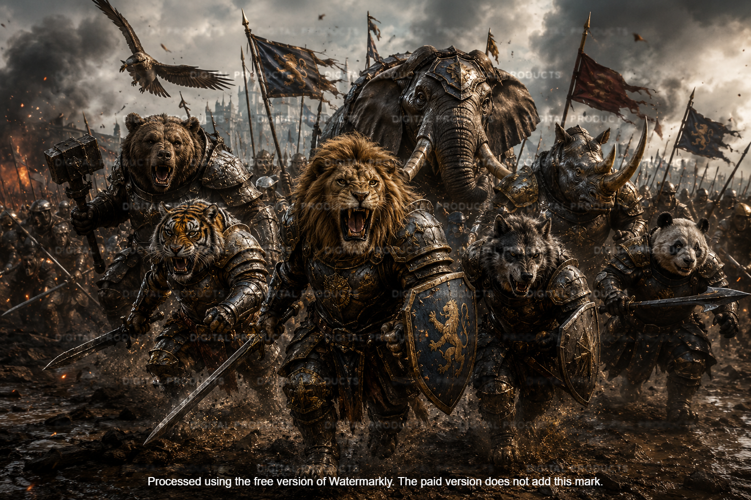 Animals in armer running into battle
