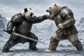 Panda in armor fighting a polar bear in armor
