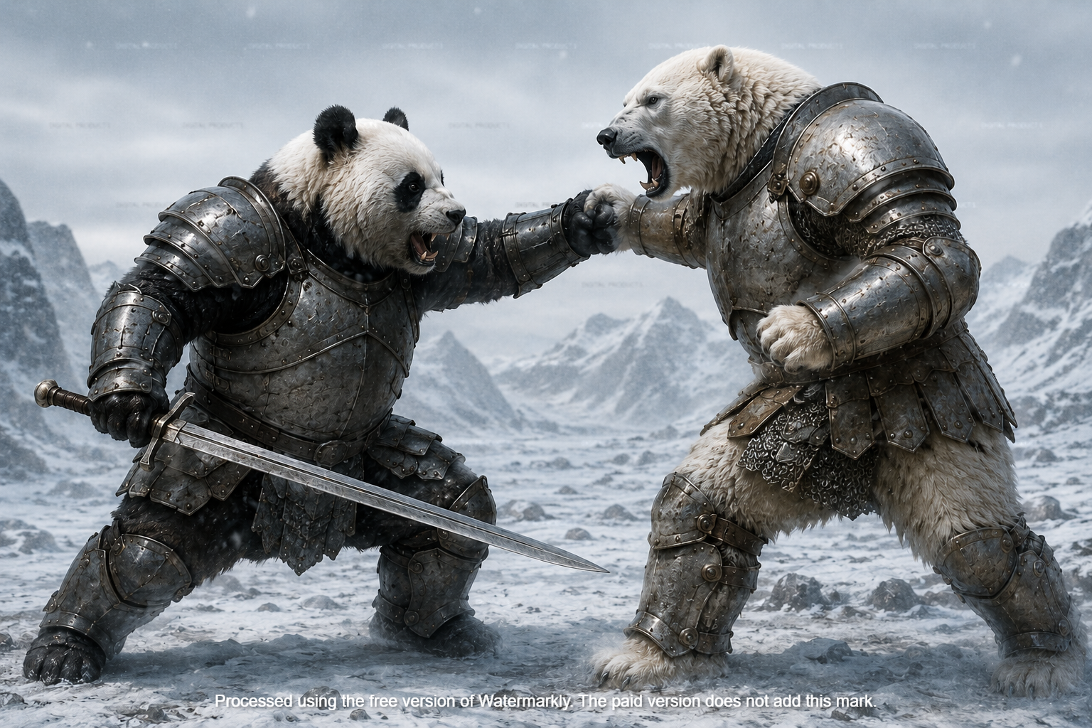 Panda in armor fighting a polar bear in armor