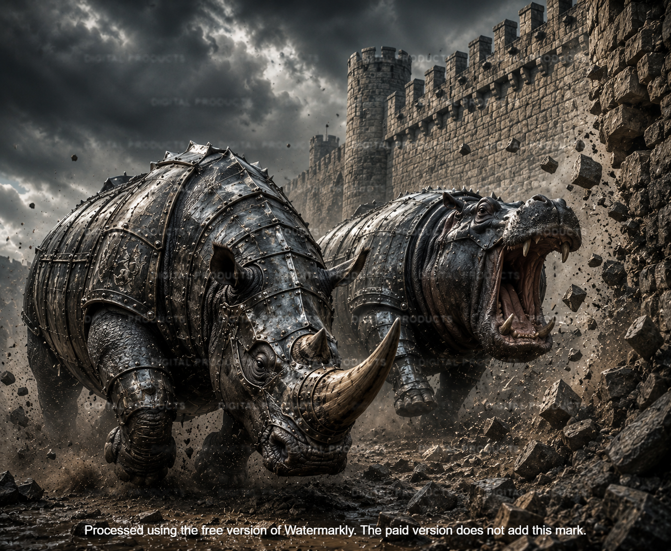Rhinoceros and a Hippopotamus in armor charging a castle wall